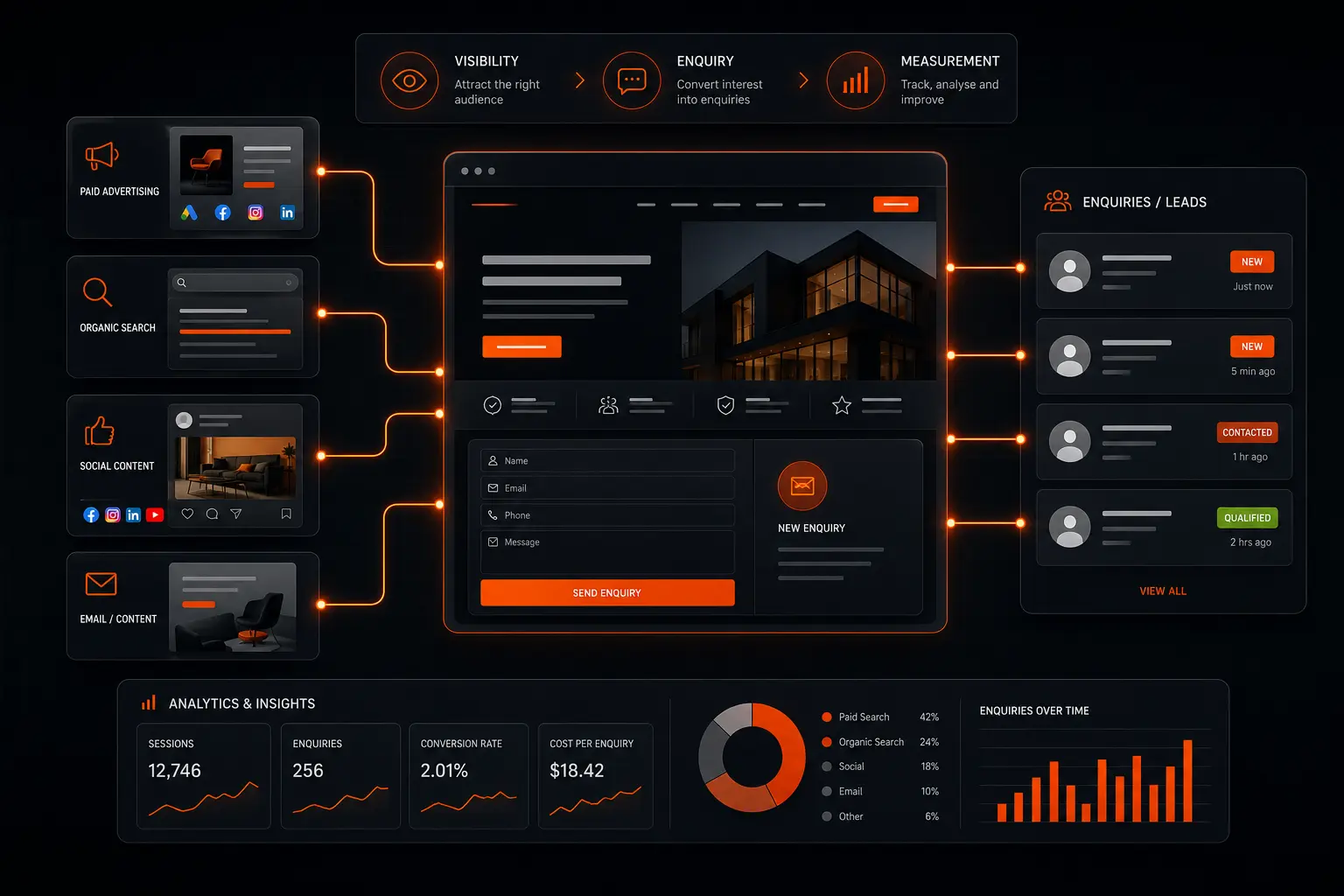 Connected digital marketing system linking paid advertising, organic search, social content, website enquiries and analytics