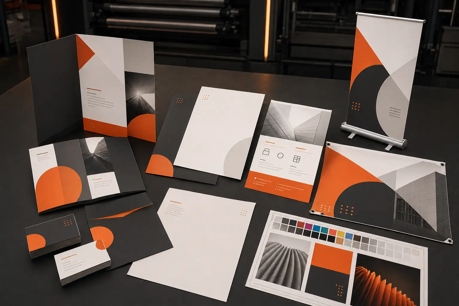 Professional print collateral collection with brochures, business cards, letterheads, flyer, banner, roll-up standee and colour proof